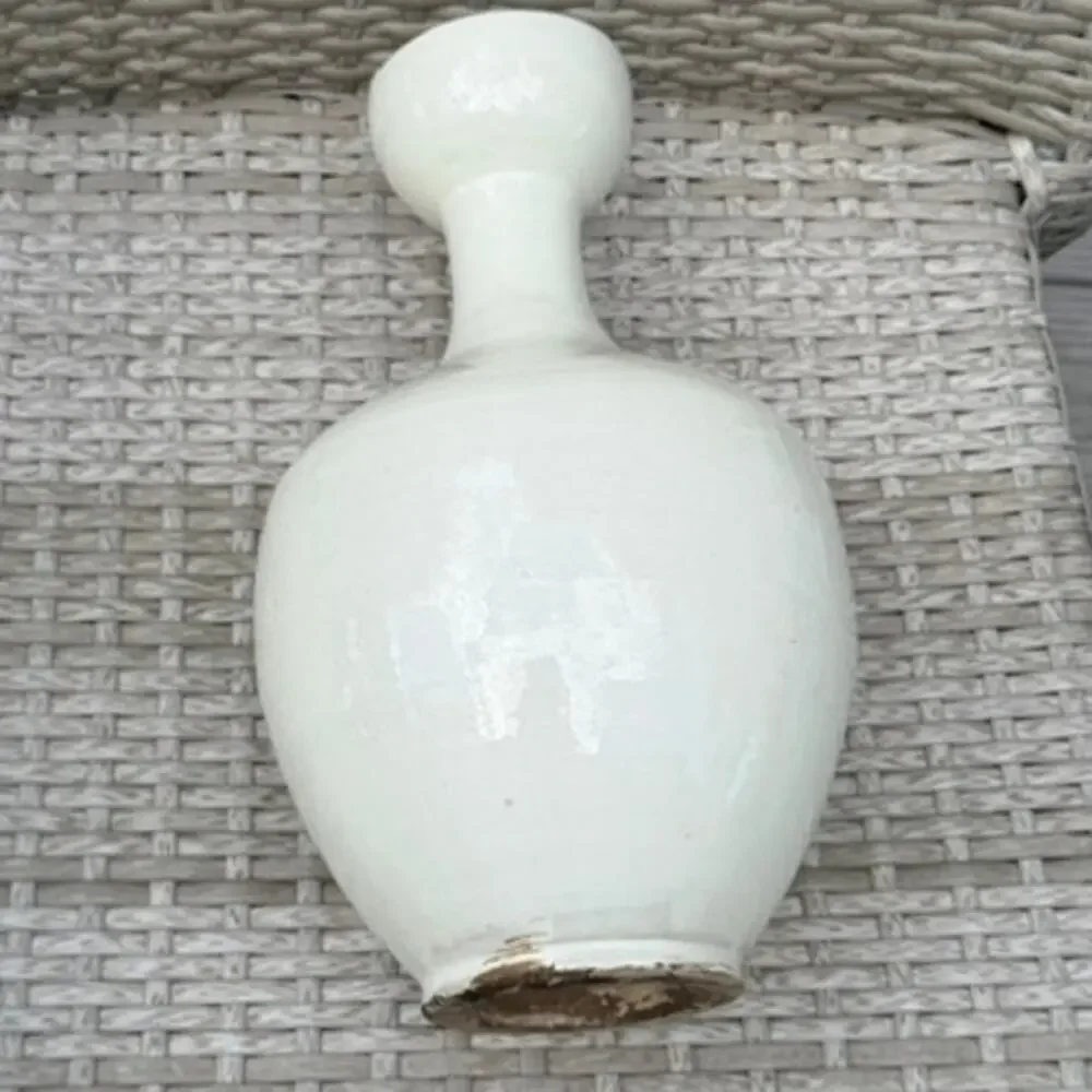Vintage White Glazed Stoneware Bottle Vase Handmade Asian Style 12